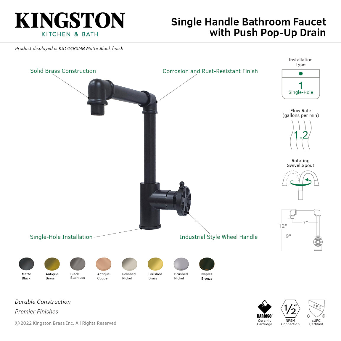 Kingston Sona KS144RXNB - Belknap One-Handle 1-Hole Bathroom Faucet with Push Pop-Up Drain, Naples Bronze — thumbnail 2